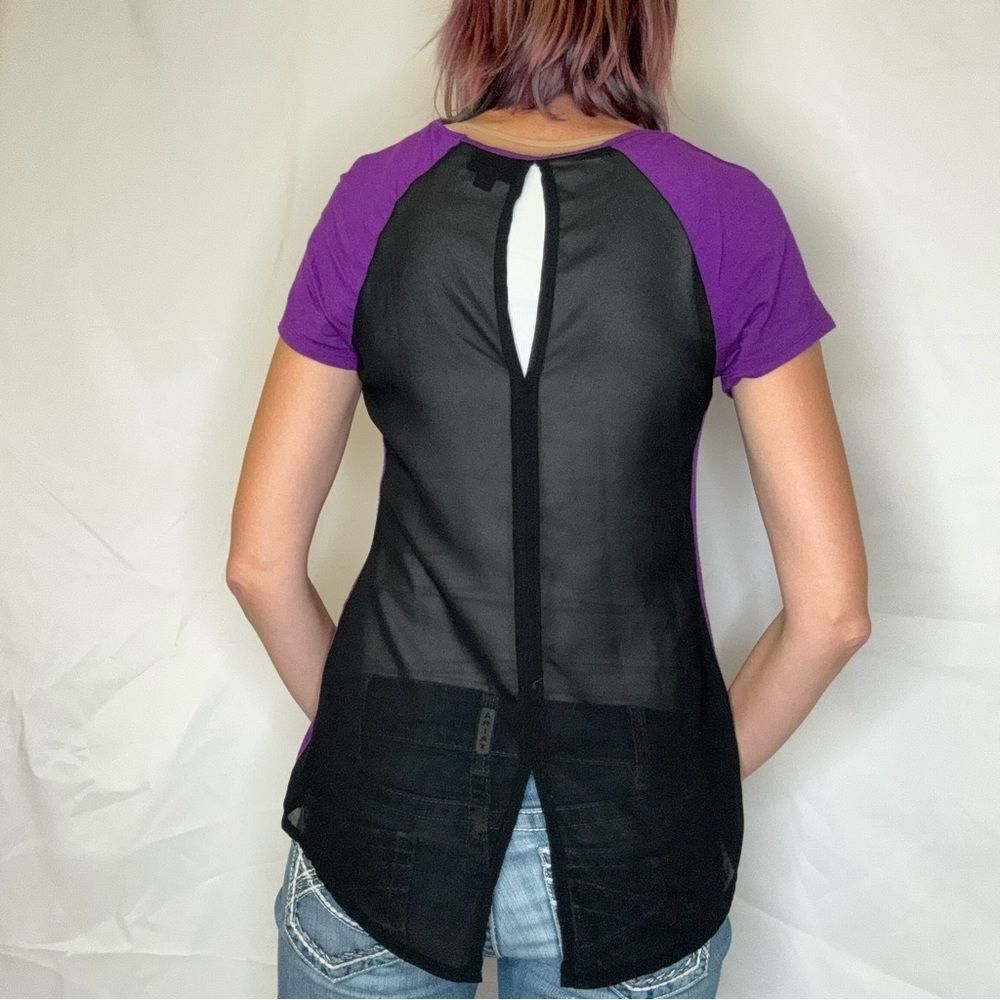 Women's Mossimo Small Plum Purple Black Colorblock Blouse Sheer Doleman